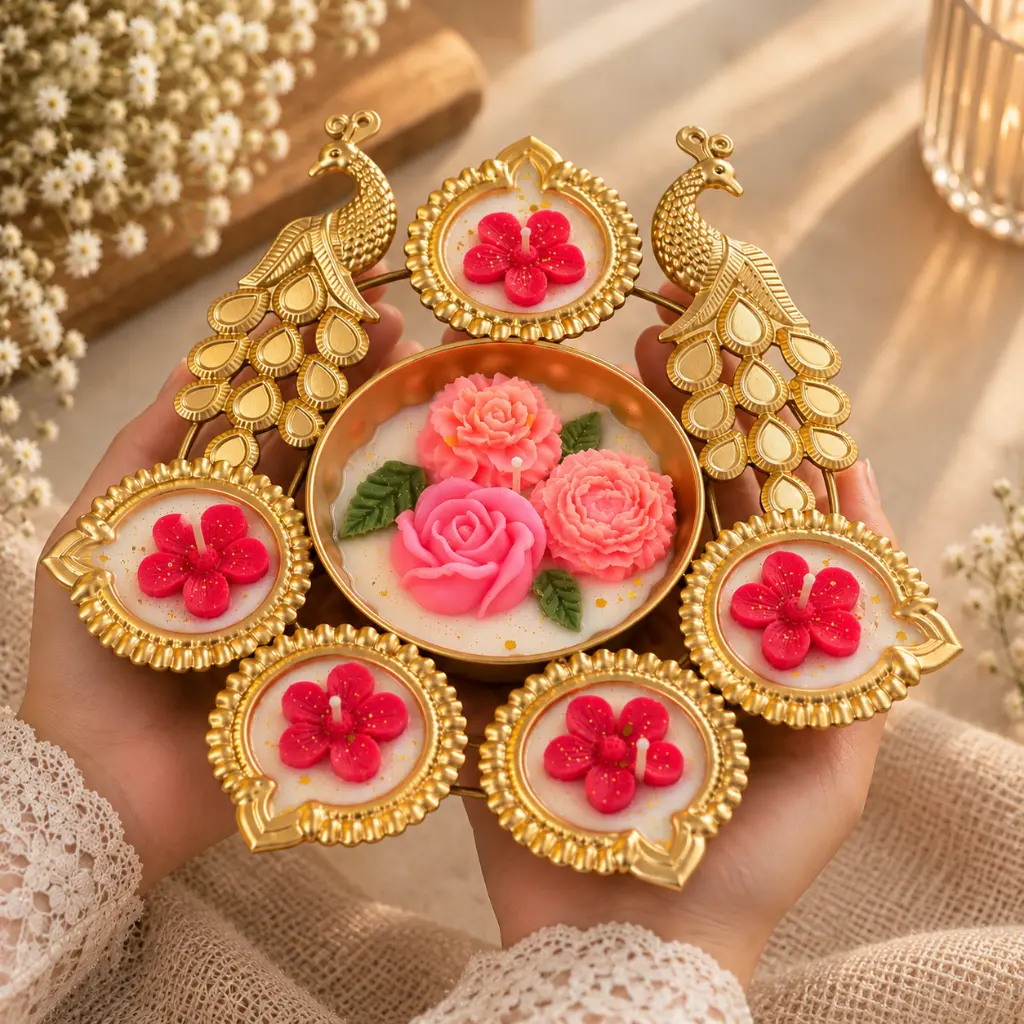 Ornate Peacock Diya Held in Hands.webp